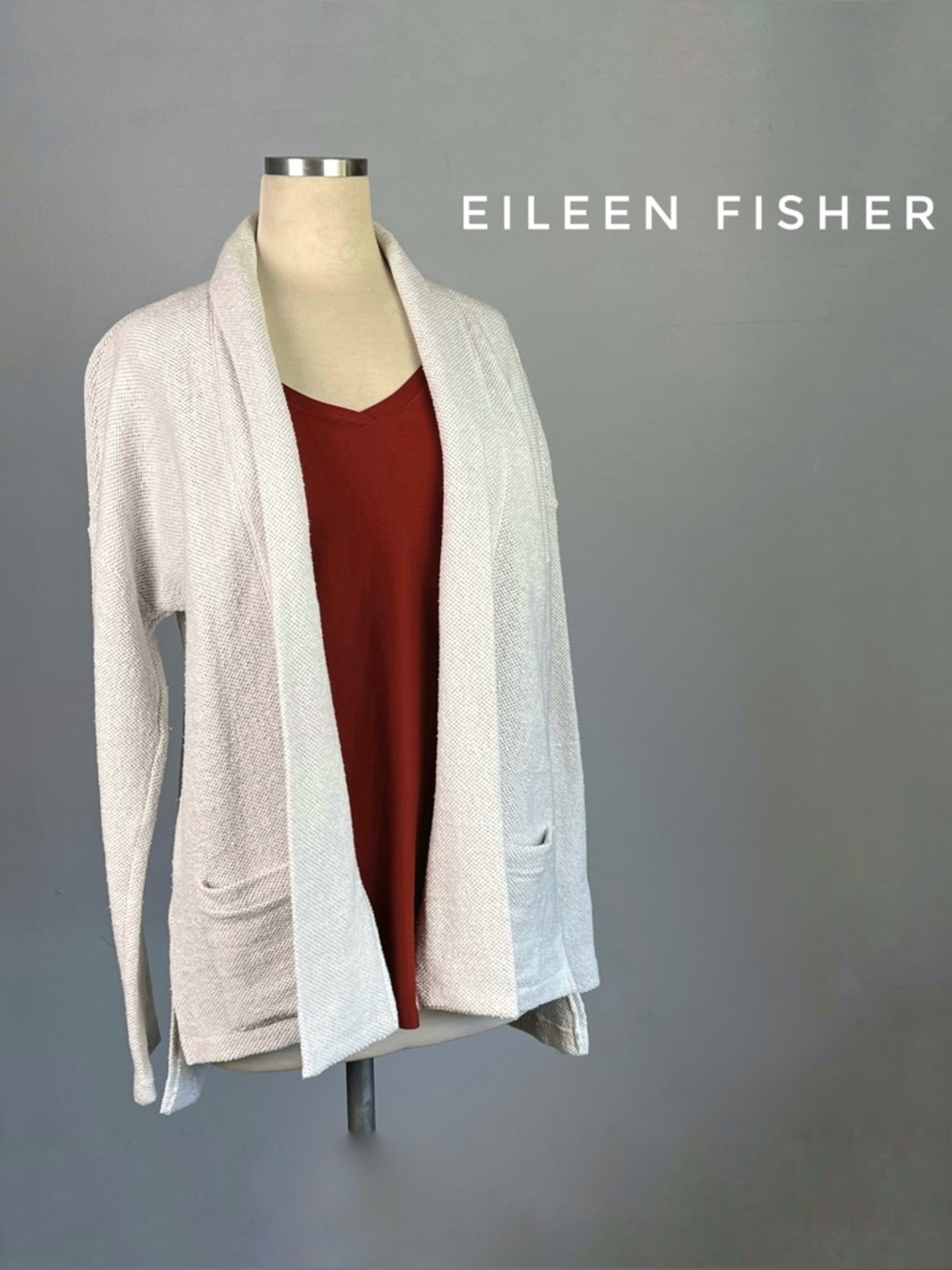 EILEEN FISHER Woven Knit Open Front Cardigan Jacket Duster - White Cotton Medium